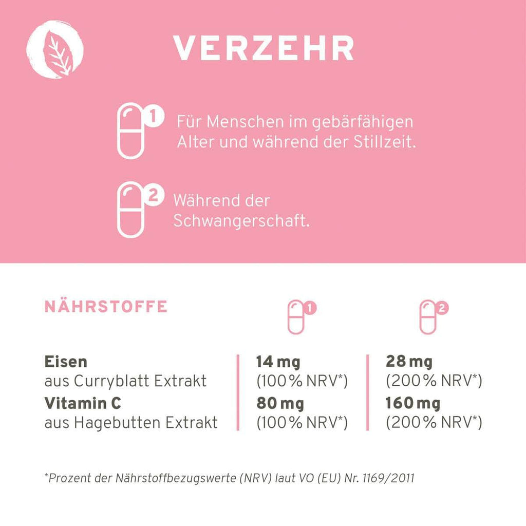 Eisen + Vitamin C Kapseln aus Curryblättern + Hagebutte