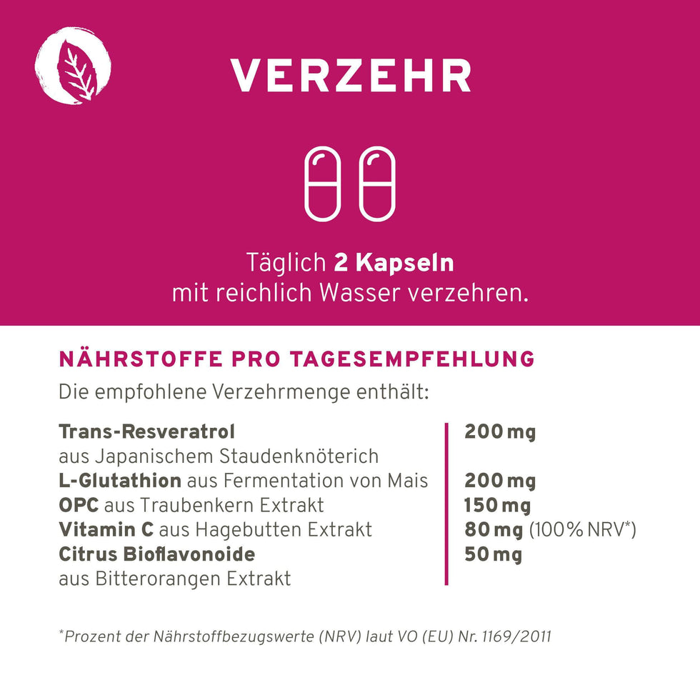 Zellschutz Kapseln:  Trans-Resveratrol + OPC + L-Glutathion + Hagebutte + Citrus-Bioflavonoide