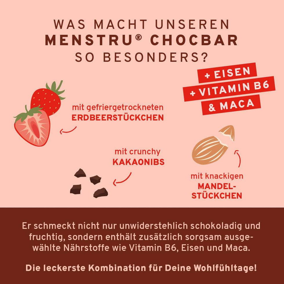 Menstru® Chocbar: Veganer Schokoladenriegel mit Vitamin B6, Eisen und Maca