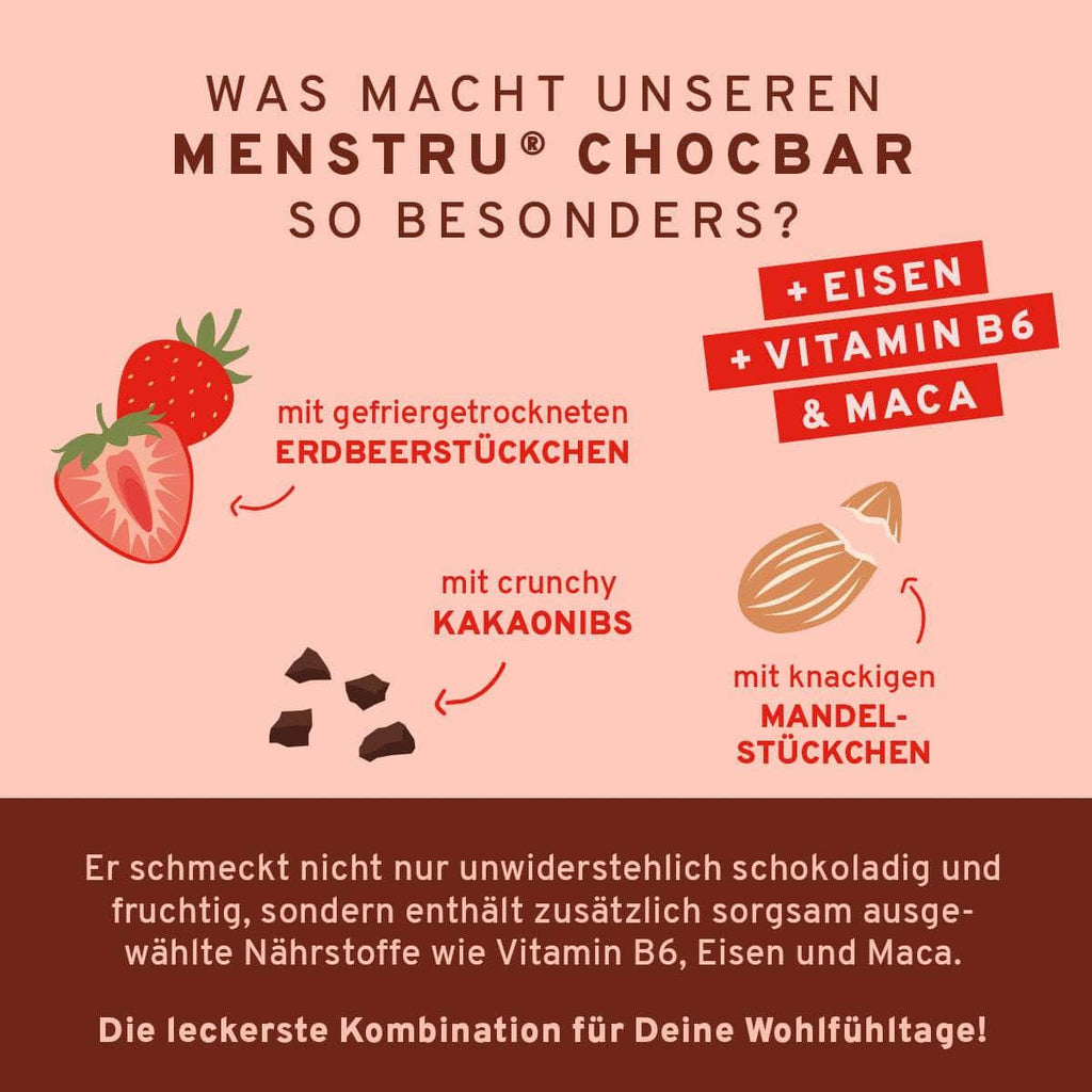 Menstru® Chocbar: Veganer Schokoladenriegel mit Vitamin B6, Eisen und Maca - 6er Box
