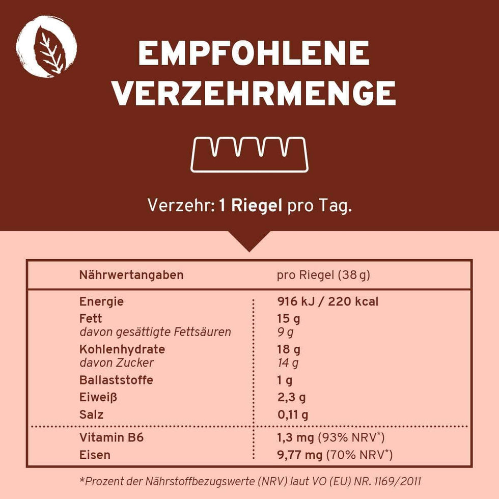 Menstru® Chocbar: Veganer Schokoladenriegel mit Vitamin B6, Eisen und Maca - 6er Box