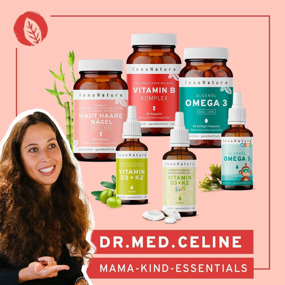 InnoNature Pakete 1x Vorrat (1x Haut-Haare-Nägel, 1x Omega 3 Kapseln, 1x Omega 3 Kids Tropfen, 1x Vitamin B Komplex, 1x Vitamin D3+K2 Tropfen, 1x Vitamin D3+K2 Kids Tropfen) dr.med.celine-Mama-Kind-Essentials-Paket