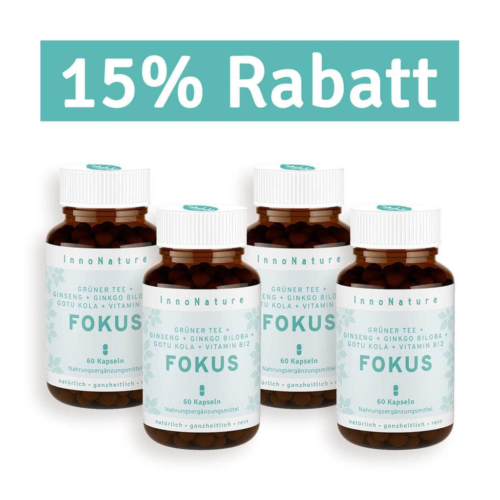 InnoNature Kapseln 4x Zweimonatsvorrat (4x60 Kapseln) Fokus Kapseln: Grüner Tee, Ginseng, Ginkgo Biloba, Gotu Kola, Vitamin B12