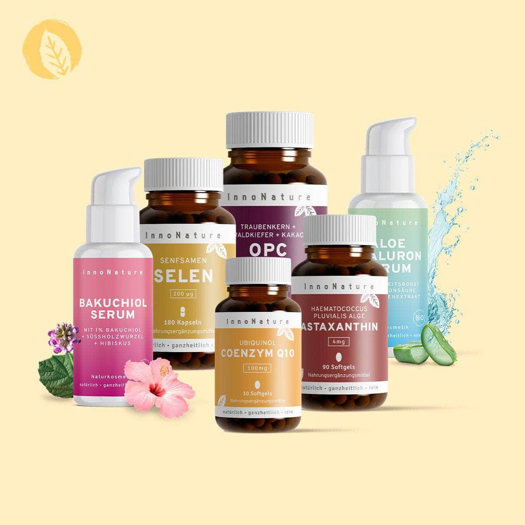 InnoNature Pakete 1x Vorrat (1x Coenzym Q10, 1x Astaxanthin, 1x Selen, 1x OPC, 1x Bakuchiol Serum, 1x Hyaluron Serum) Slow Aging Inside Out Paket