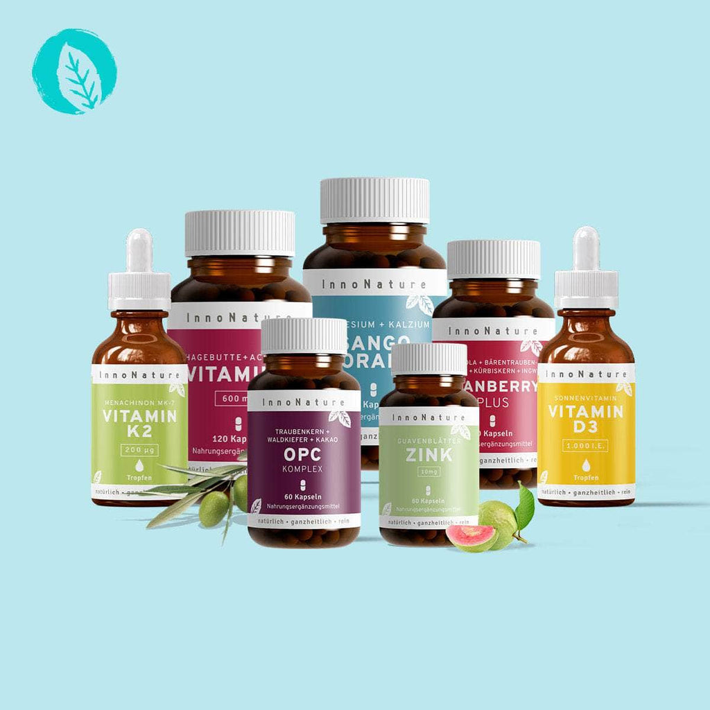 InnoNature Pakete 1x Vorrat (1x Cranberry Plus, 1x Zink, 1x OPC, 1x Vitamin C, 1x Vitamin D3, 1x Vitamin K2, 1x Sango Koralle). Winter-Frauen-Paket