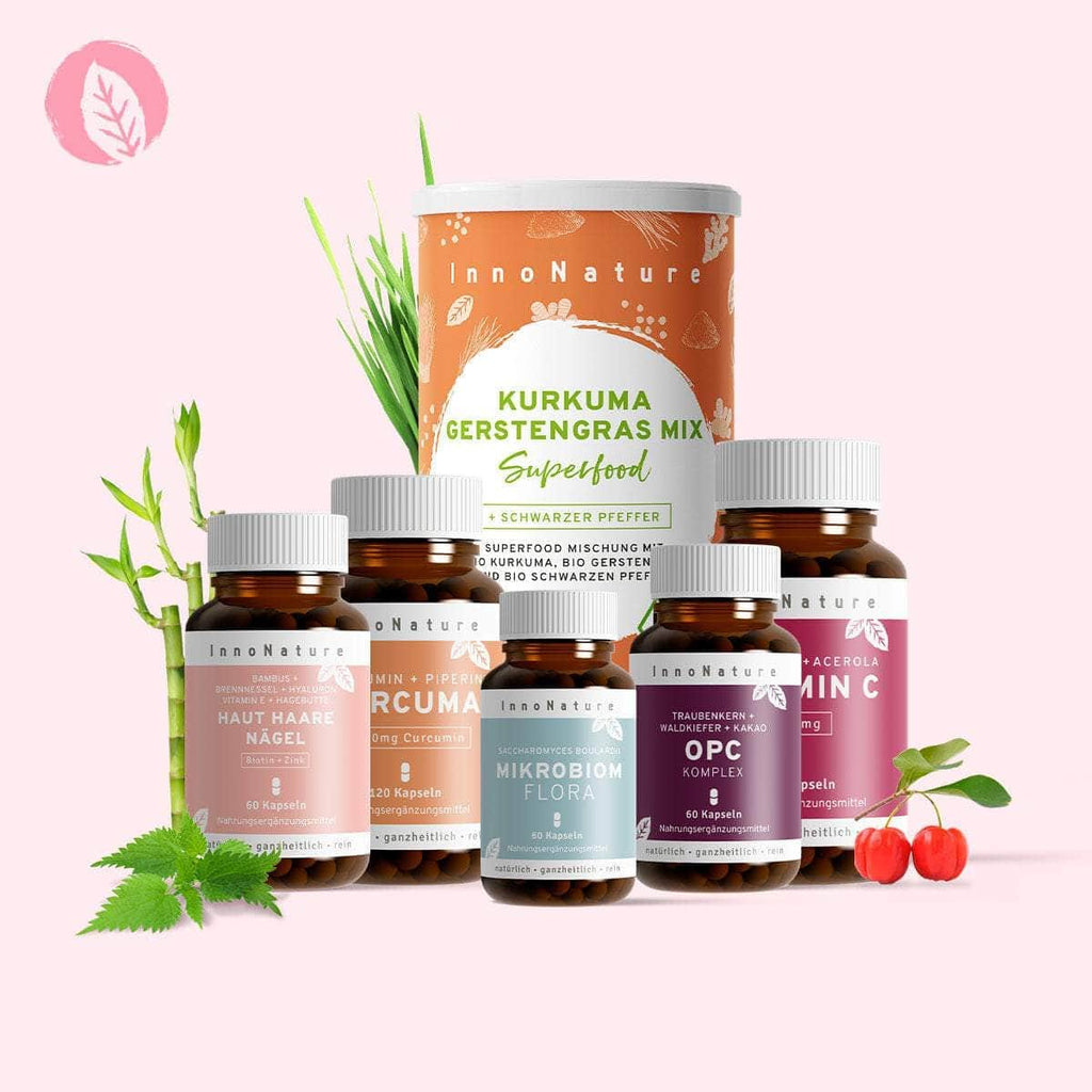 InnoNature Pakete 1x Vorrat (1x Haut Haare Nägel, 1x OPC, 1x Vitamin C, 1x Mikrobiom, 1x Curcuma, 1x Kurkuma Gerstengras) Beauty-Paket