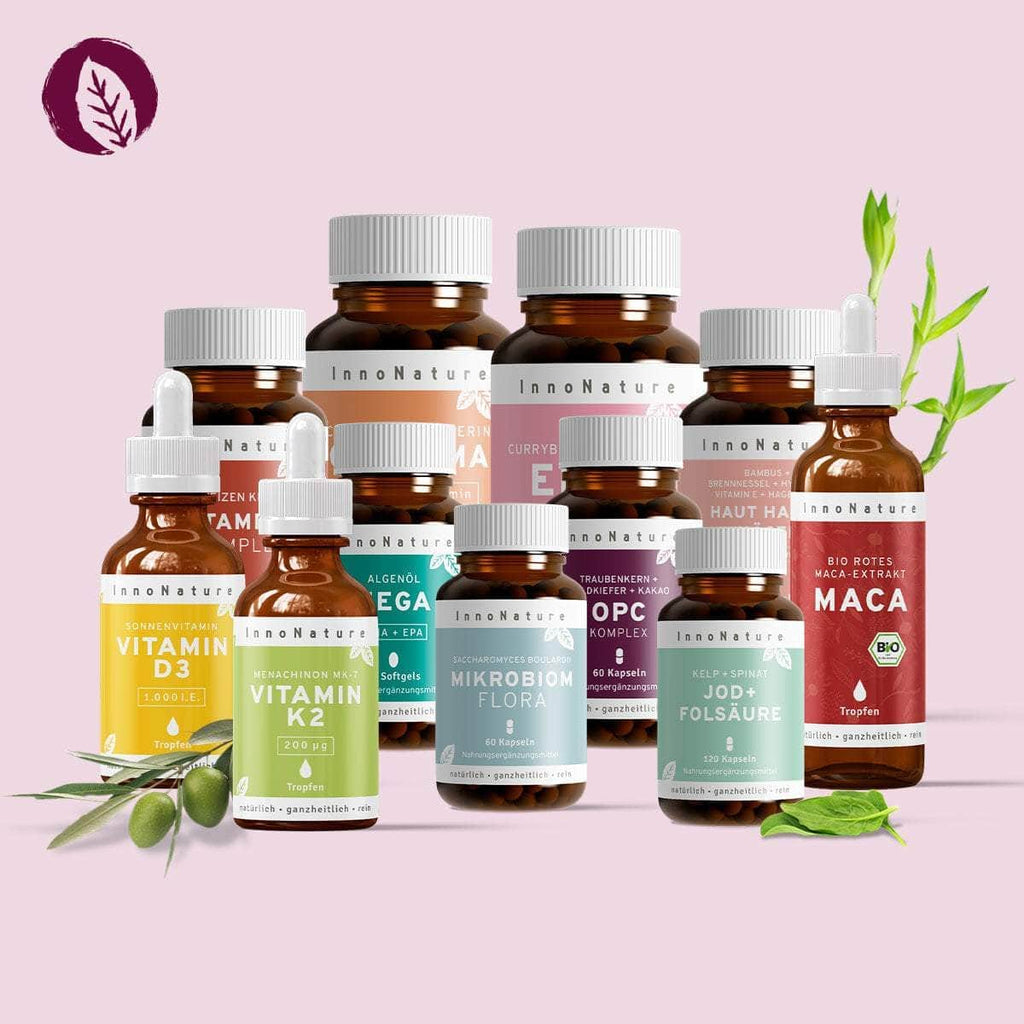 InnoNature Pakete 1x Vorrat (1x Vitamin D3, 1x Vitamin K2, 1x Vitamin B Komplex, 1x Eisen, 1x Jod+Folsäure, 1x Haut Haare Nägel, 1x Omega3, 1x Maca, 1x OPC, 1x Curcuma, 1x Mikrobiom). Frauen-Sorglos-Paket